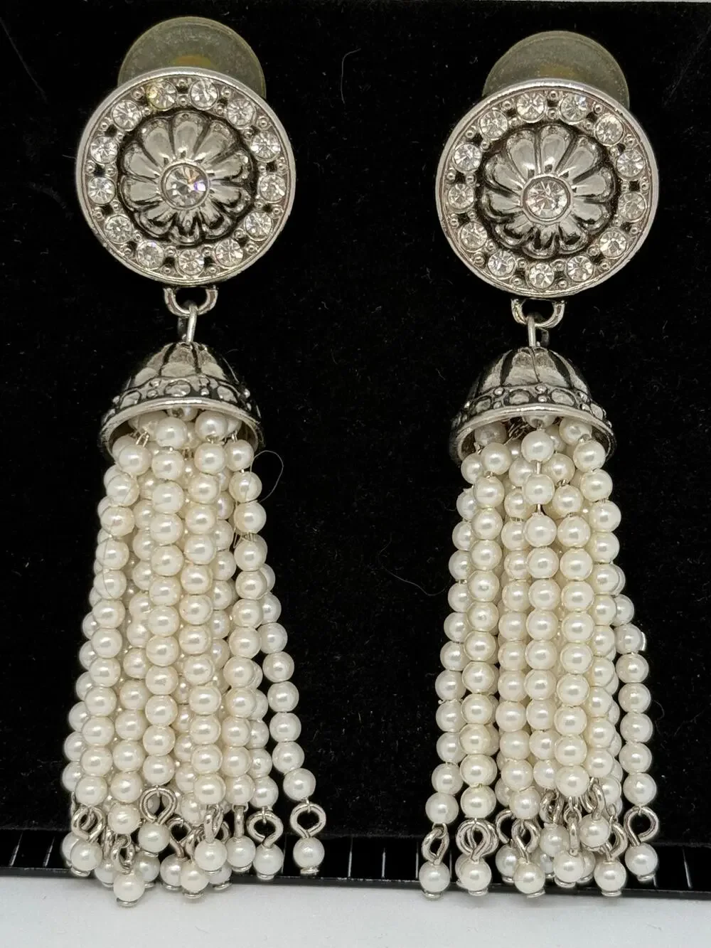 VINTAGE Avon Pearl Tassel Rhinestone Earrings Art Deco Gatsby Old Hollywood Glam